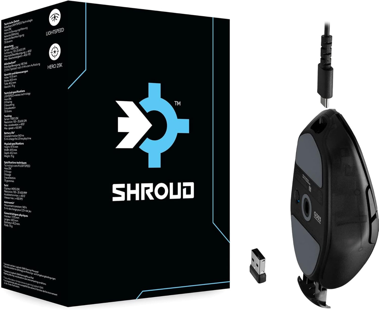 Logitech G303 Shroud Edition Wireless Gaming Mouse - LIGHTSPEED- HERO 25K - 25,600 DPI - 75 grams - 5-buttons – PC - Black