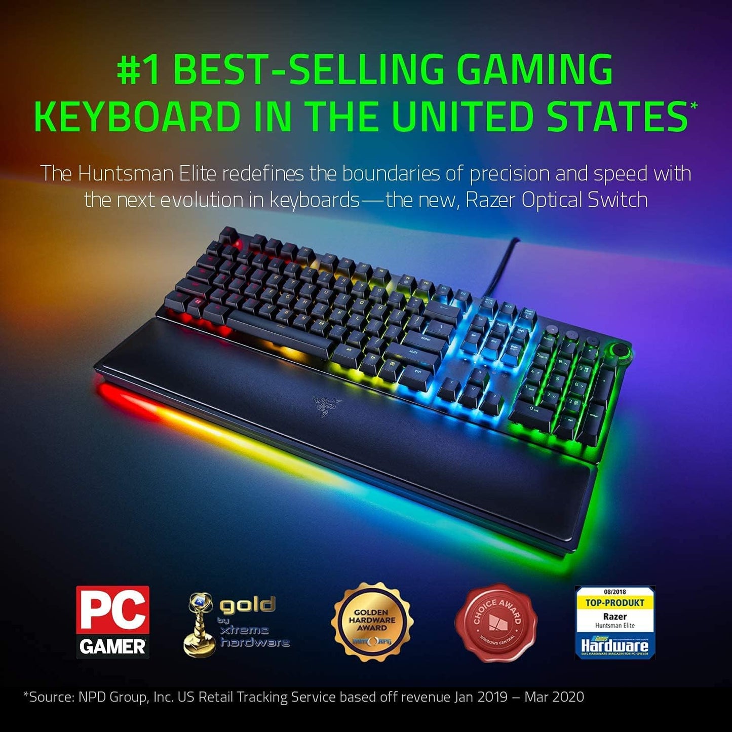 Razer Huntsman Elite: Opto-Mechanical Switch - Multi-Functional Digital Dial & Media Keys - Leatherette Wrist Rest - 4-Side Underglow - Gaming Keyboard