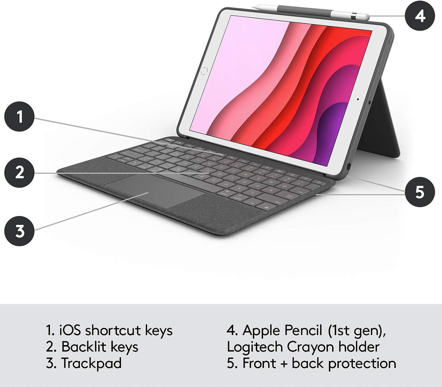 Logitech Combo Touch for iPad (7th, 8th 9th Generation) Keyboard case with trackpad, Kickstand, Wireless Keyboard, Smart Connector Technology - Graphite