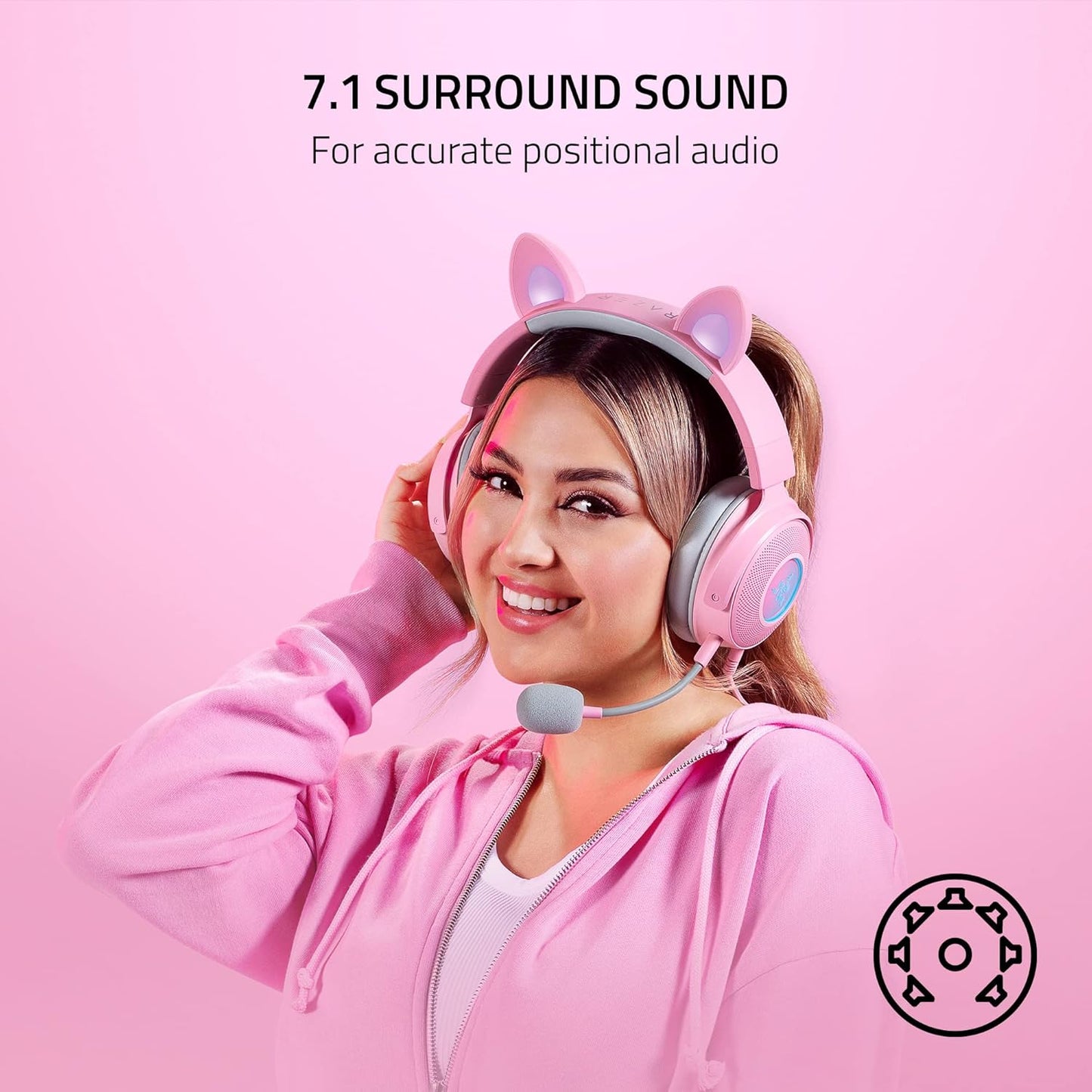 Razer Kraken Kitty V2 Pro Wired RGB Gaming Headset, Interchangeable Ears, Compatible with PC, Playstation, Mac, with HyperClear Cardioid Microphone, Quartz Pink